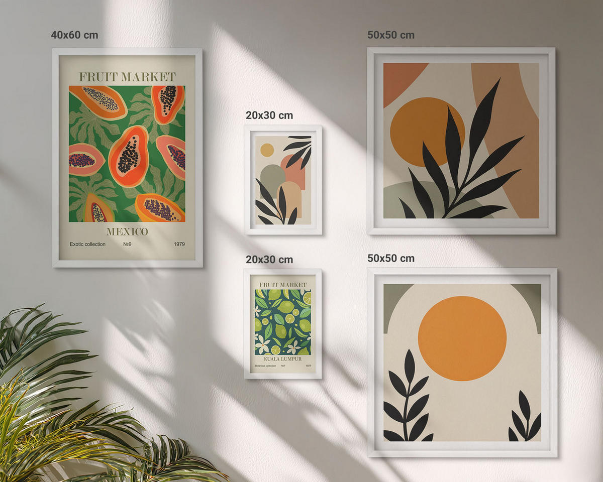 BILDER SET 5er Set - 50x50 cm & 20x30 cm & 40x60 cm Weißer Rahmen - Fruchtmuster der italienischen Kultur - Weiß, Kunststoff (40/60cm) - TULUP
