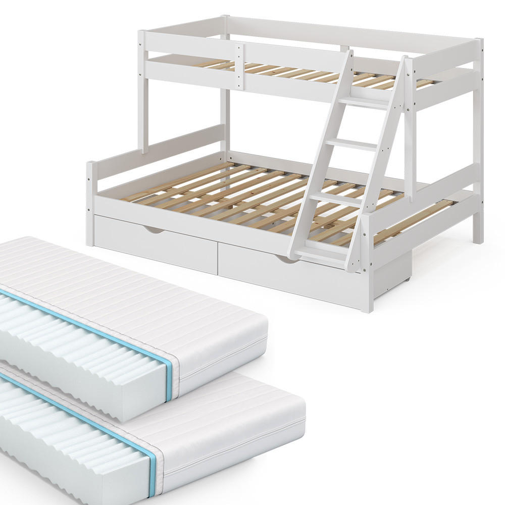 VitaliSpa PATROVÁ POSTEL Everest Bílá 140x200 / 90x200 cm se 2 matracemi a 2 zásuvkami