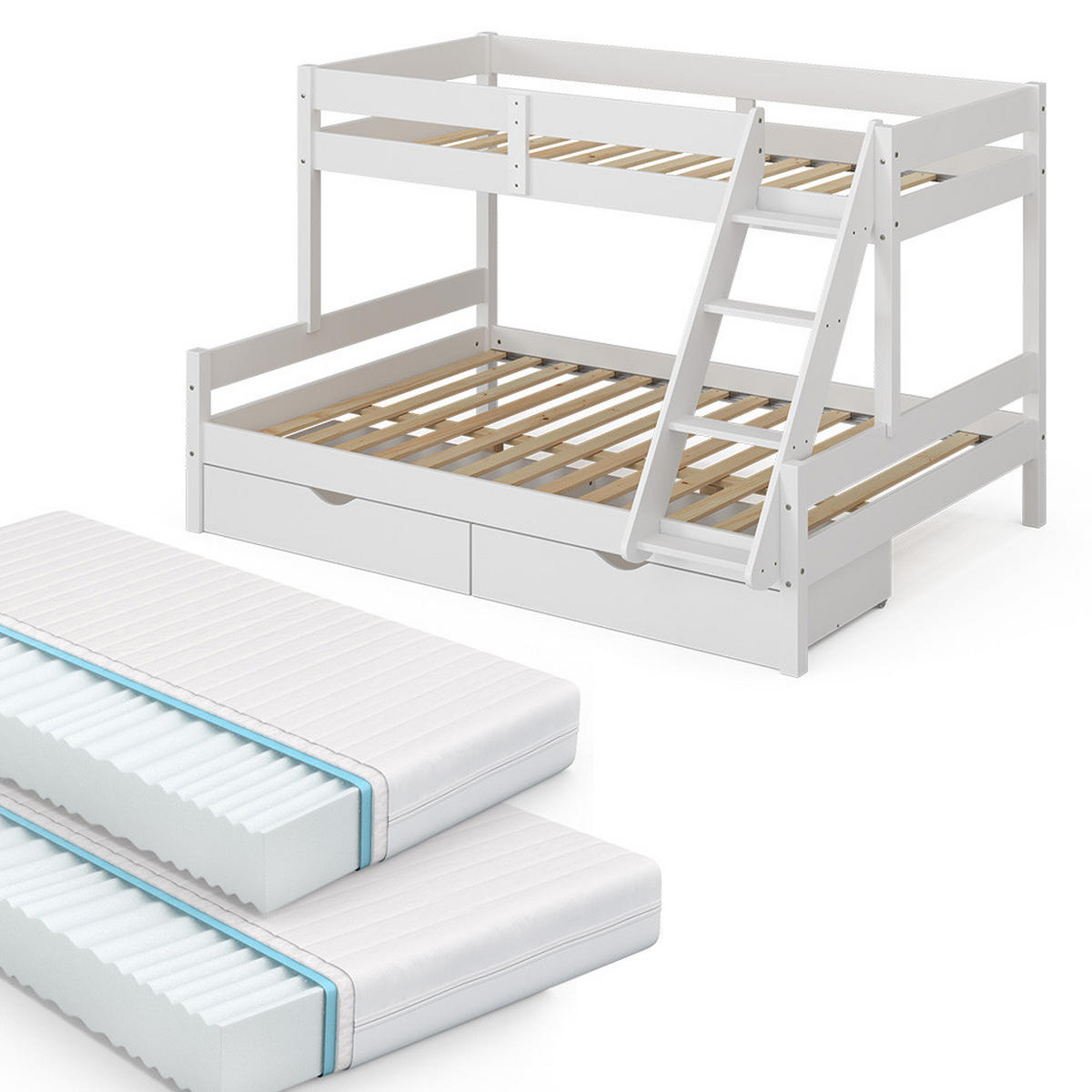 ETAGENBETT Everest Weiß 140x200/90x200 cm mit 2 Matratzen und 2 Schubkästen - Weiß, Holz (140/200cm) - VitaliSpa
