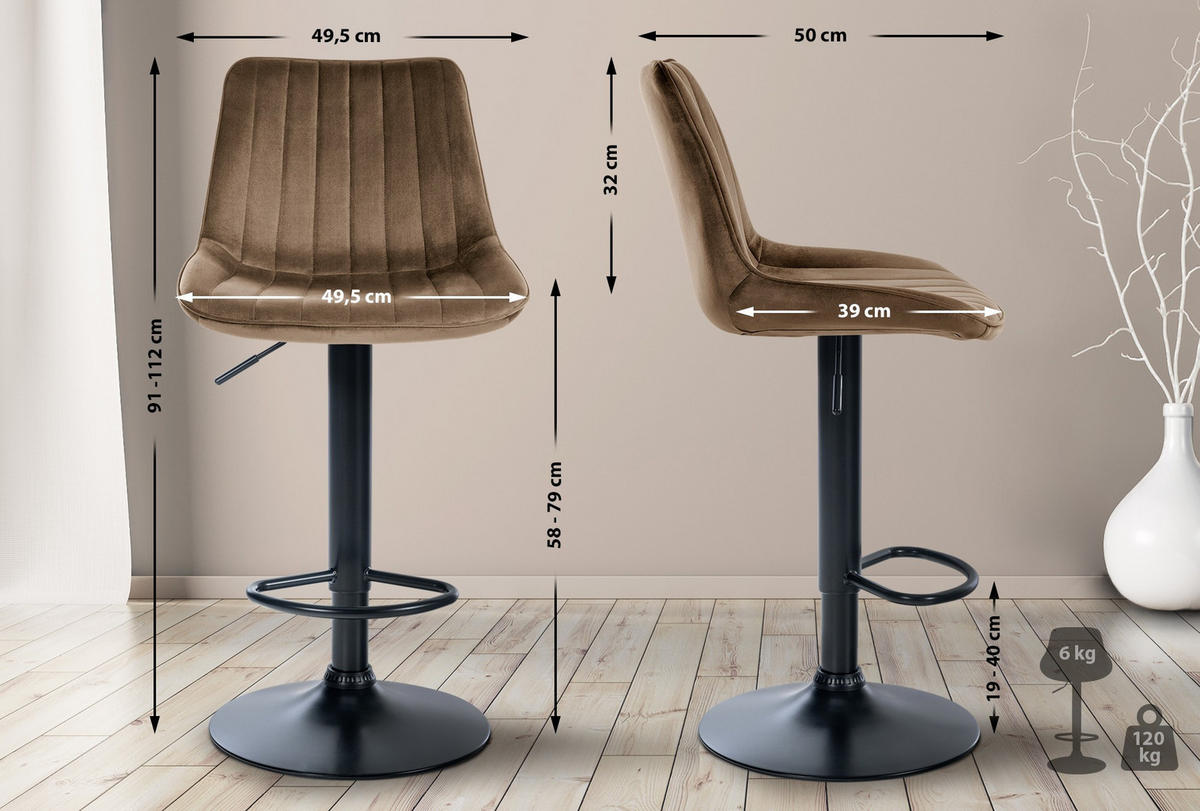 BARHOCKER 2er Set Samt Braun - Braun, Textil/Metall (49.5/91/50cm) - CLP