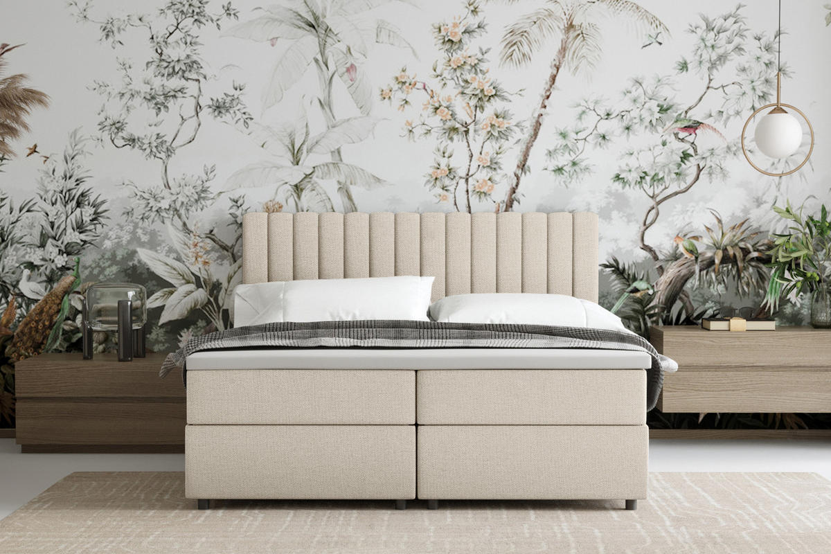 BOXBETT Everest beige 160 x 200 cm Doppelbett mit hochwertiger Bonell-Matratze und Topper - Creme, Holz (160/200cm) - Panda Möbel