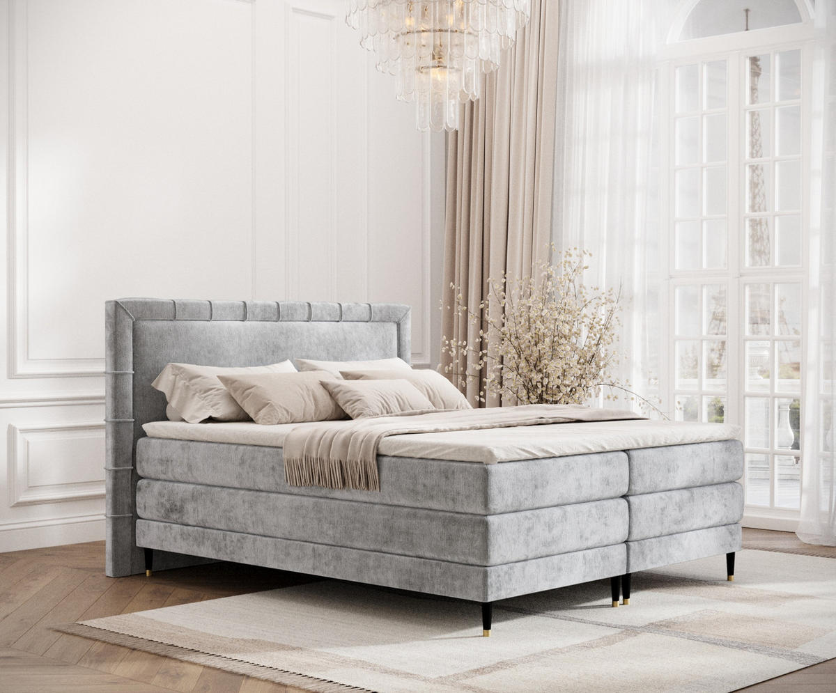 BOXSPRINGBETT Rimini Hellgrau 180/200 cm mit Matratze und Topper - Hellgrau/Schwarz, Holz/Holzwerkstoff (180/200cm) - Maison de Reve