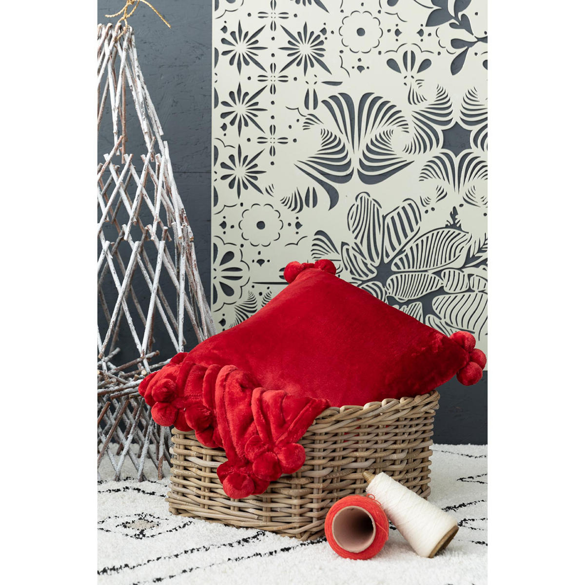 KISSEN Tender Pompons rubinrot 45 x 45 cm - Rot, Textil (45/45cm) - Vivaraise