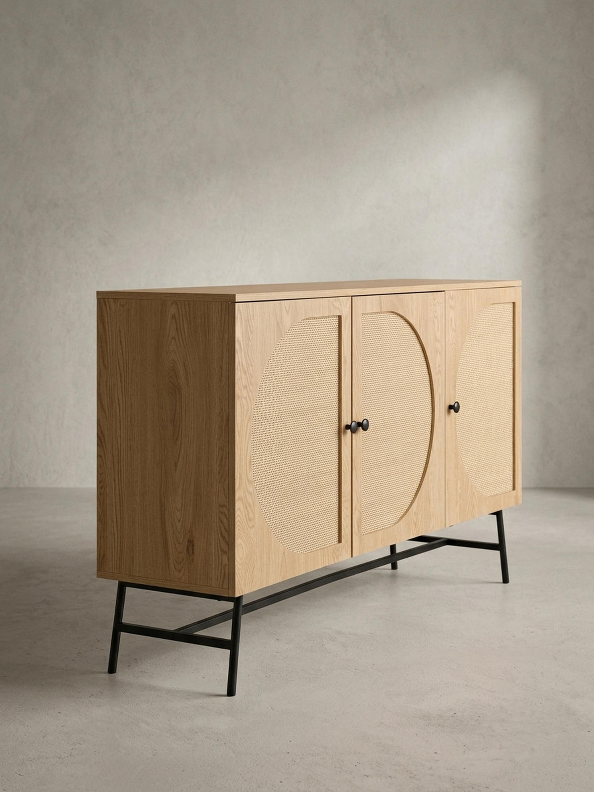 SIDEBOARD – Eiche-Dekor/Rattan, 140x80x39 cm, 3 Türen, hoch - Schwarz/Braun, Holzwerkstoff/Metall (140/80/39cm) - KADIMA DESIGN