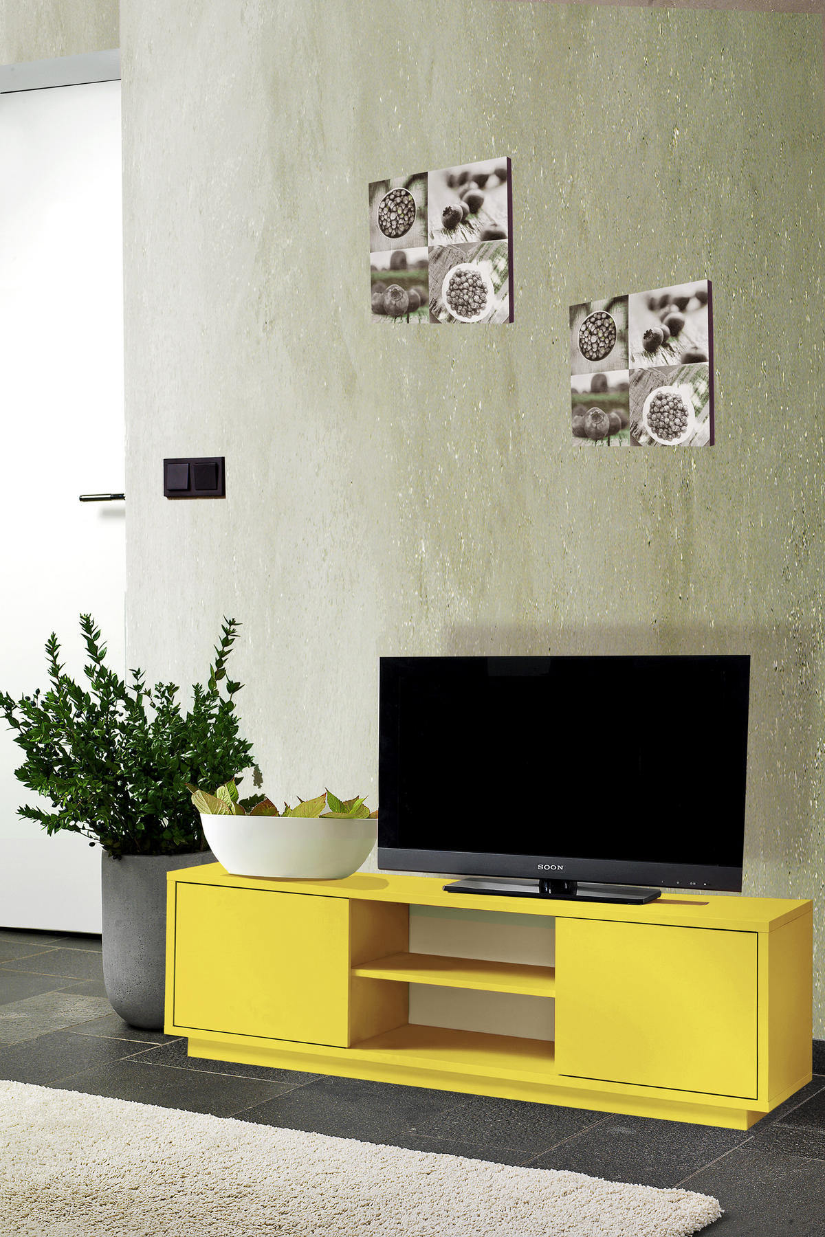 TV-LOWBOARD Eyecatcher farbige HiFi-Kommode mit zwei Türen und zwei Fächern - Gelb, Holzwerkstoff (140/45/38cm) - Aileenstore