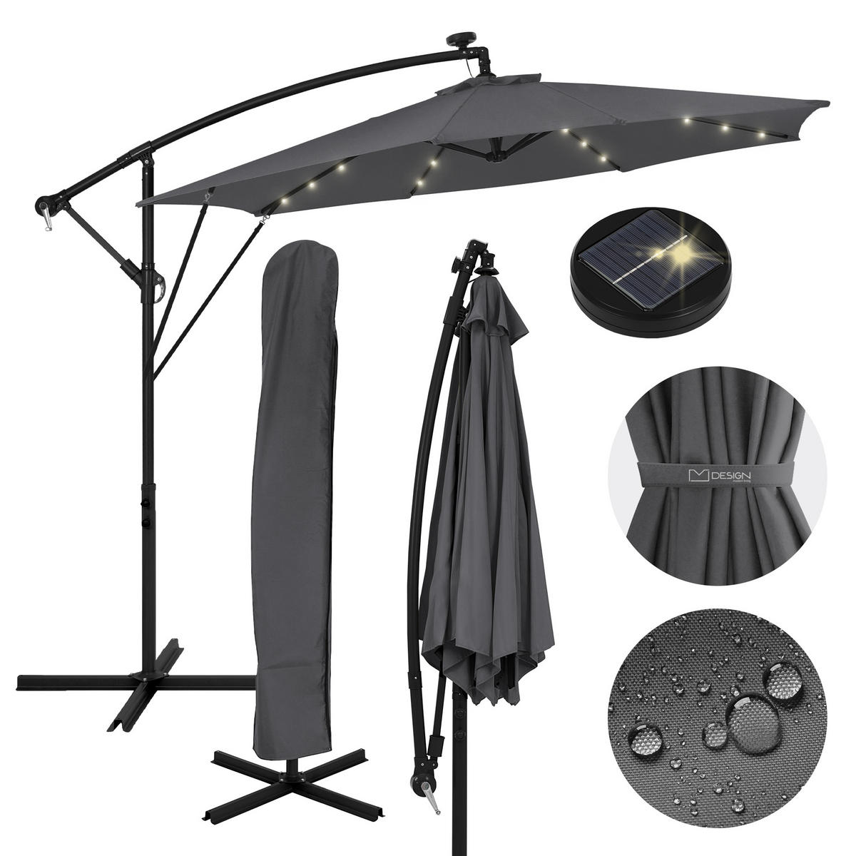 AMPELSCHIRM Ø 300 cm in Anthrazit aus Aluminium mit LED-Solar - Anthrazit, Metall (300/300cm) - ML-DESIGN