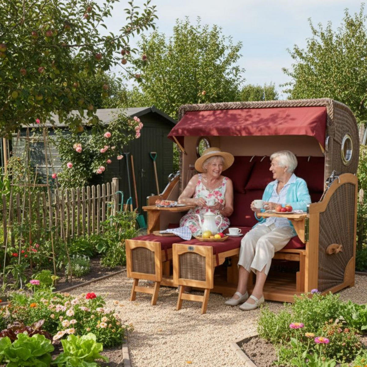 STRANDKORB XXL Düne Grande Teak PE Grey - Rot/Braun, Metall (170/170/95cm) - Mr. Deko