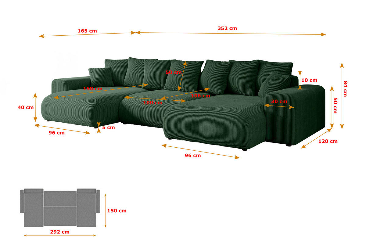 WOHNLANDSCHAFT mit Schlaffunktion und Bettkasten ESKAR-U -352x165x84cm Grün Cord - Schwarz/Grün, Holzwerkstoff/Kunststoff (352/84/165cm) - ALTDECOR