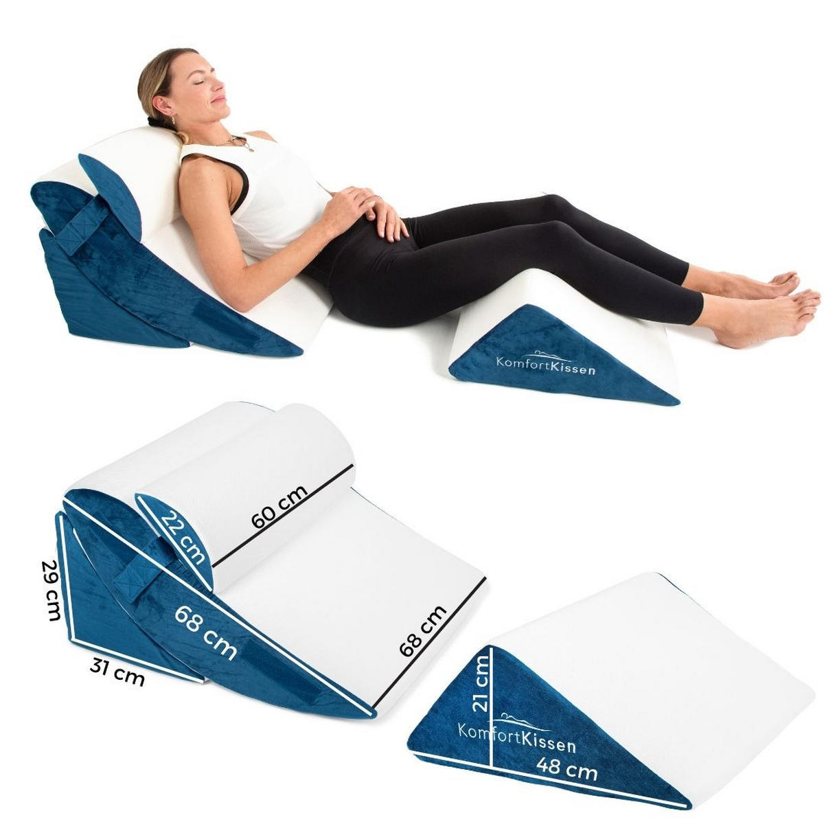 ORTHOPÄDISCHES KEILKISSEN 4in1 - Weiß/Dunkelblau, Textil (61/43cm) - KomfortKissen