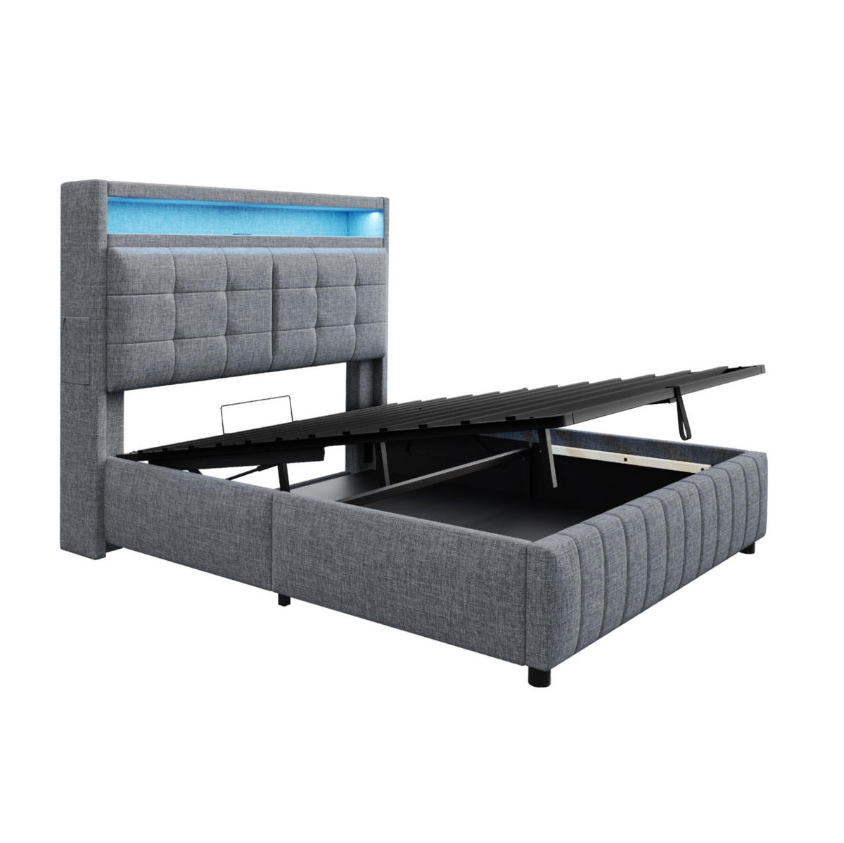 POLSTERBETT aus Leinenstoff 160x200 cm Grau mit LED-Beleuchtung, USB-Anschluss und hydraulischem Stauraum - Grau, Textil (160/200cm) - IVMEU