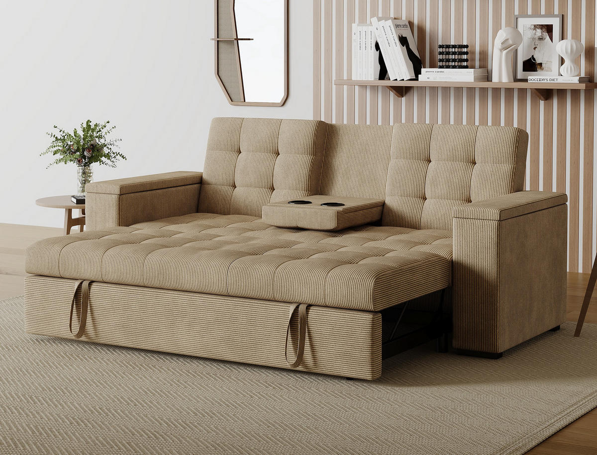 SCHLAFSOFA noho beige 3-sitzer cord - Beige, Holz (208/84/102cm) - Concept Usine