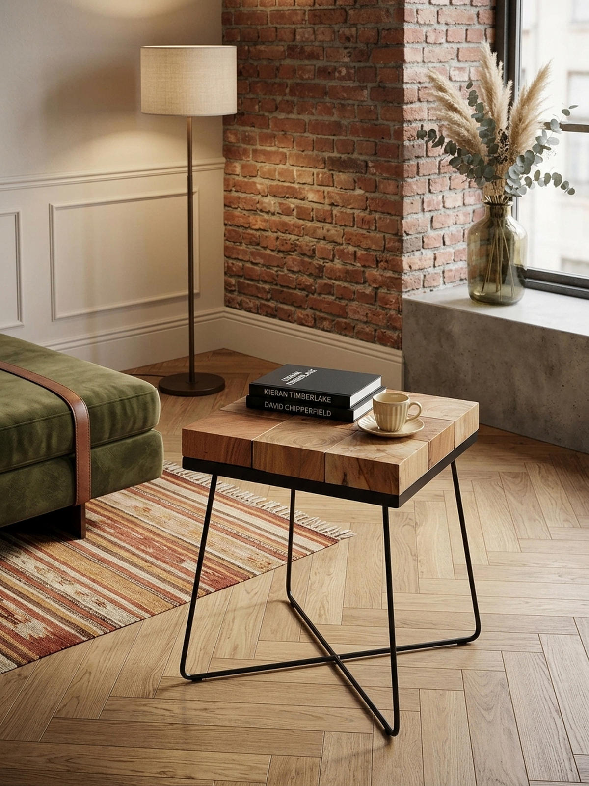 BEISTELLTISCH – Quadratisch Akazie Massivholz Metallgestell Industrial - Beige/Schwarz, Holz/Metall (45/45/51cm) - KADIMA DESIGN