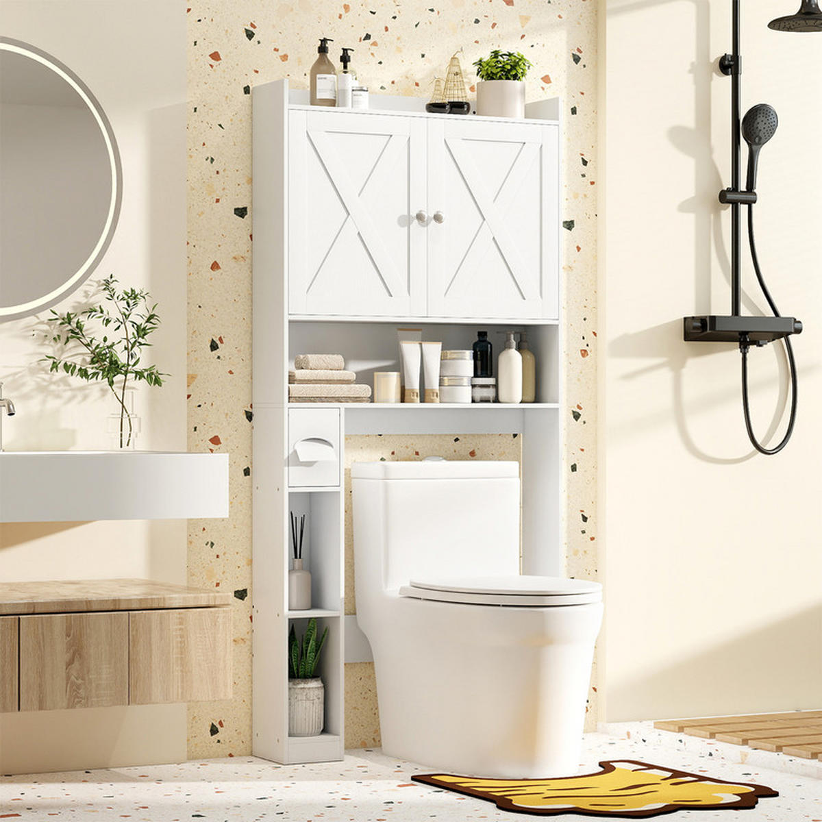 TOILETTENSCHRANK mit Doppeltüren weiß - Weiß, Holzwerkstoff (81.5/172.5/19.5cm) - COSTWAY
