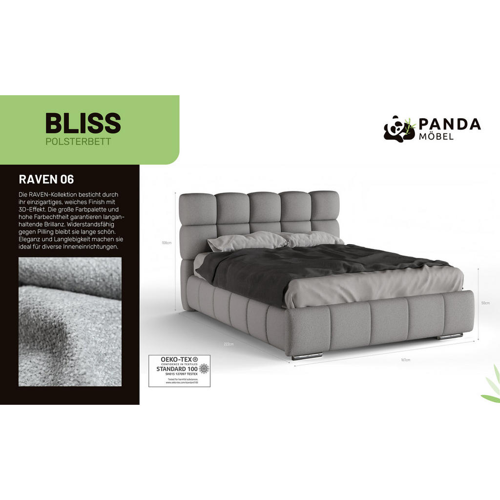 Thumbnail - Panda Möbel Polsterbett, Grau, Holz, Mode, 140x206 cm, Oeko-Tex® Standard 100, Schlafzimmer, Betten, Polsterbetten