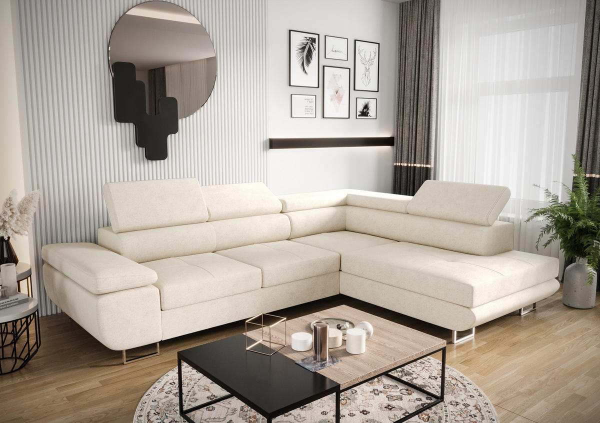 ECKSOFA PRAGA DESIGN L, Eckcouch in L-Form mit Schlaffunktion, Farbe: Beige, Velourstoff, Ottomane Universal - Beige, Textil (275/202cm) - O-Sofa