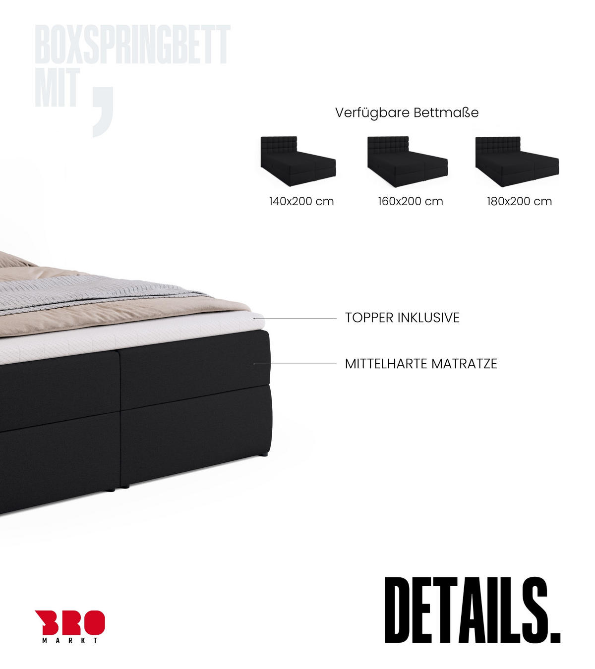 BOXBETT Dakota mit Topper 140/200 Schwarz - Schwarz, Textil (140/200cm) - Bromarkt