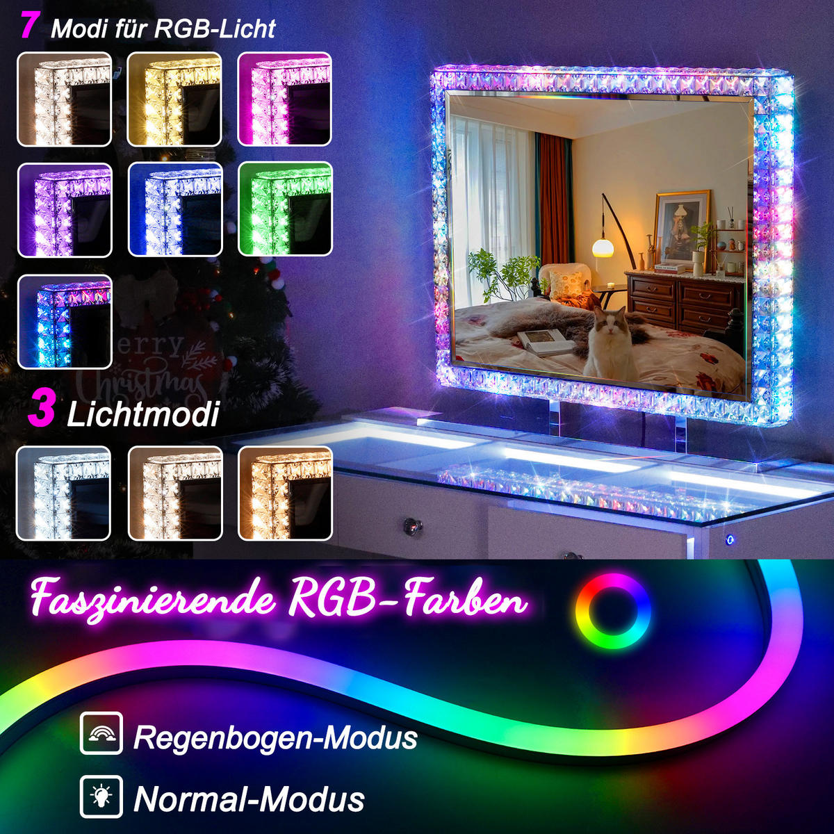 SCHMINKSPIEGEL mit Beleuchtung LED Lichtleiste, rundum mit Strasssteinen besetzt, weiß, 80/60 cm - Weiß, Metall (80/60/10cm) - VANITII