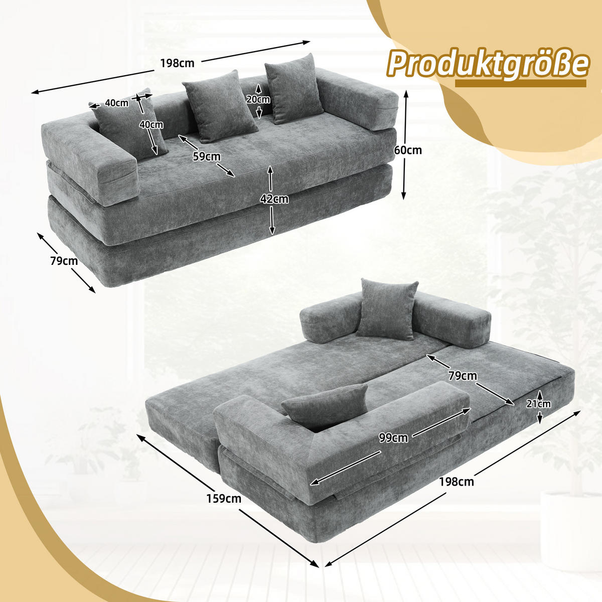 SCHLAFSOFA 198/79/60 cm Dunkelgrau mit Aufbewahrungstaschen - Dunkelgrau, Textil (198/60/79cm) - Oxeza