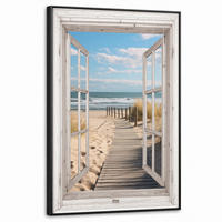 LEINWAND Bilder mit Rahmen - Fenster - Meer - Küste - Natur - Ausblick - Strand - Wattenmeer - 60x90 - Beige, Textil (60/90cm) - MuchoWow