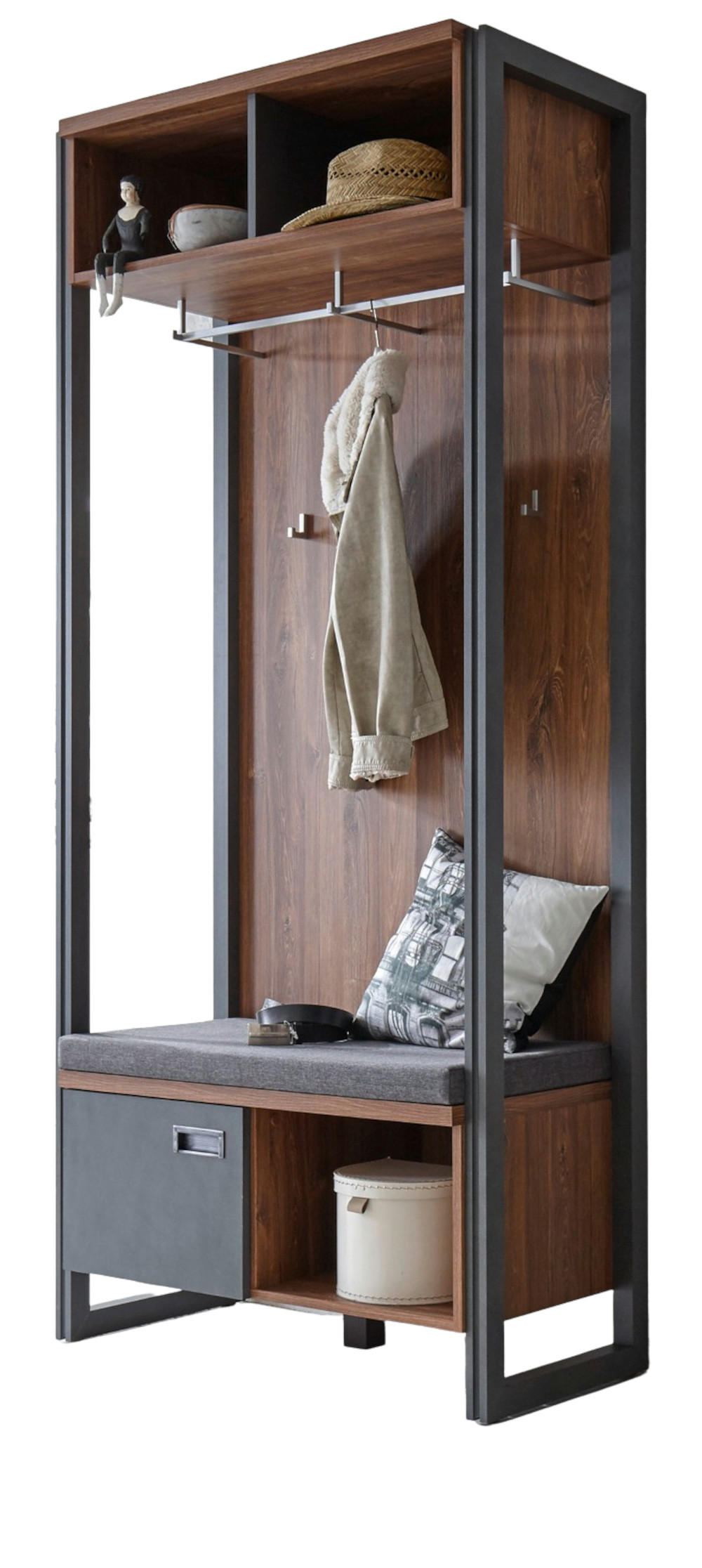 GARDEROBE Eiche Stirling, Matera grau, Kompaktgarderobe mit Sitzkissen 90 x 202 cm - Eichefarben/Grau, Holzwerkstoff/Metall (90/202/45cm) - Furn.Design