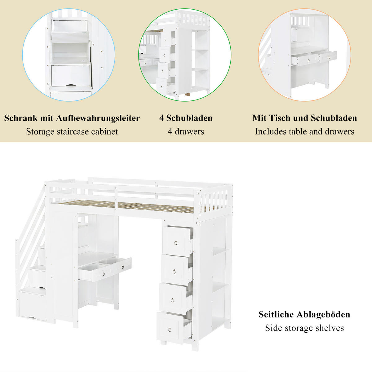 HOCHBETT 90/200 cm in Weiß mit Schubladen, Regal und Schreibtisch - Weiß, Holzwerkstoff (90/200cm) - STILVORA