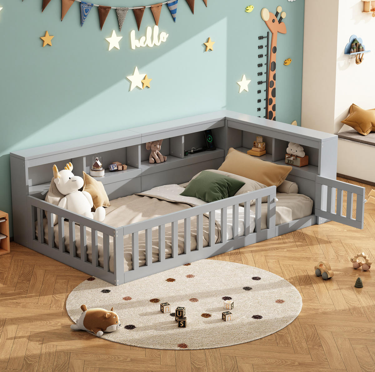 TAGESBETT 90/200 cm mit Steckdose, USB-Anschluss, Stauraum und ausziehbarem Geländer, Grau - Grau, Holzwerkstoff (90/200cm) - Redom