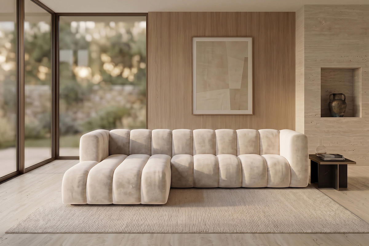ECKSOFA Modulares In L-Form, Velvet-Stoff Riviera, Ecru, Links, GRAND 287 cm - Creme, Holz (287/179cm) - Kaiser Möbel