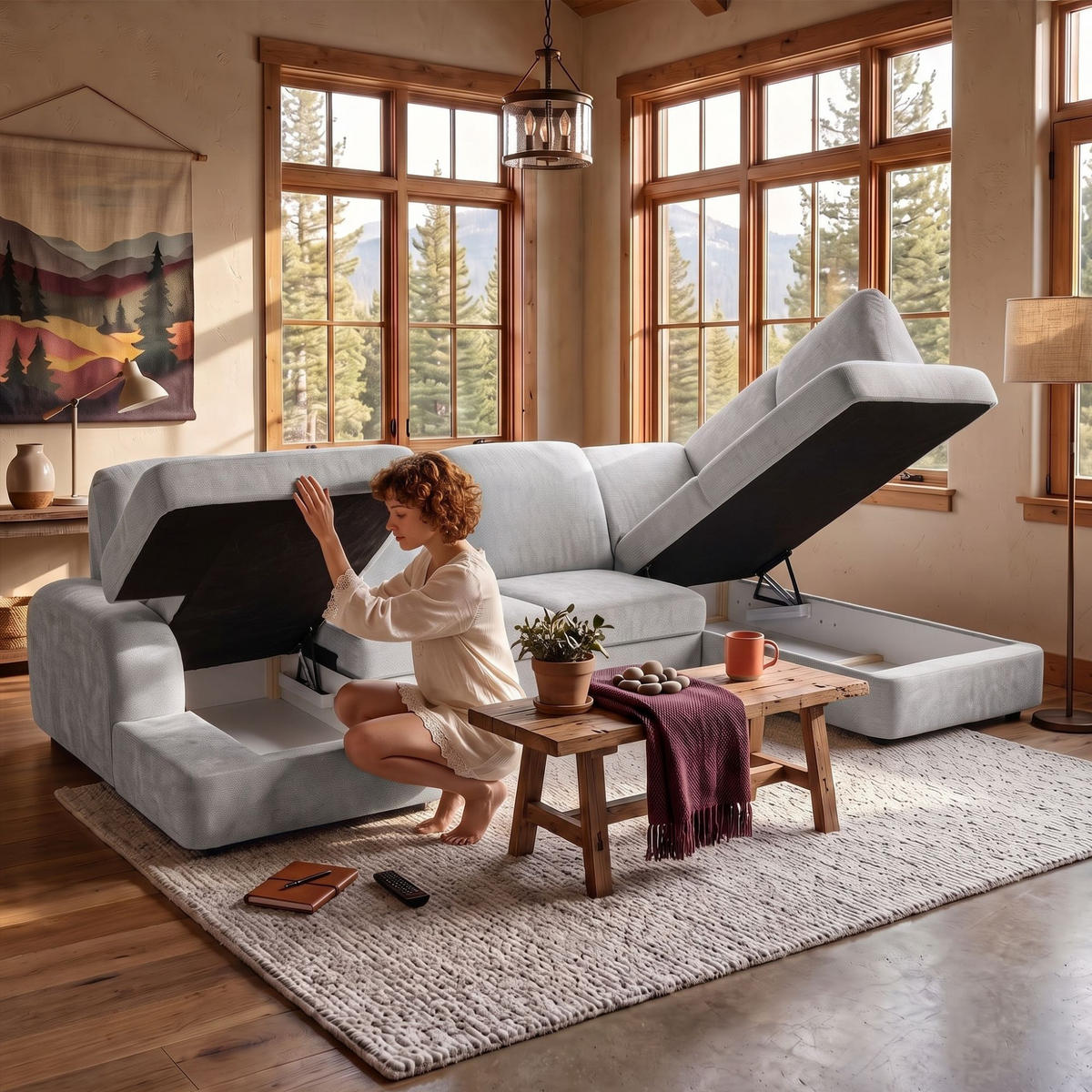 ECKSOFA VIBE U Rechts mit Schlaffunktion 129x263 Chenille Hellgrau - Hellgrau/Schwarz, Holz/Kunststoff (186/102/280cm) - Muffo