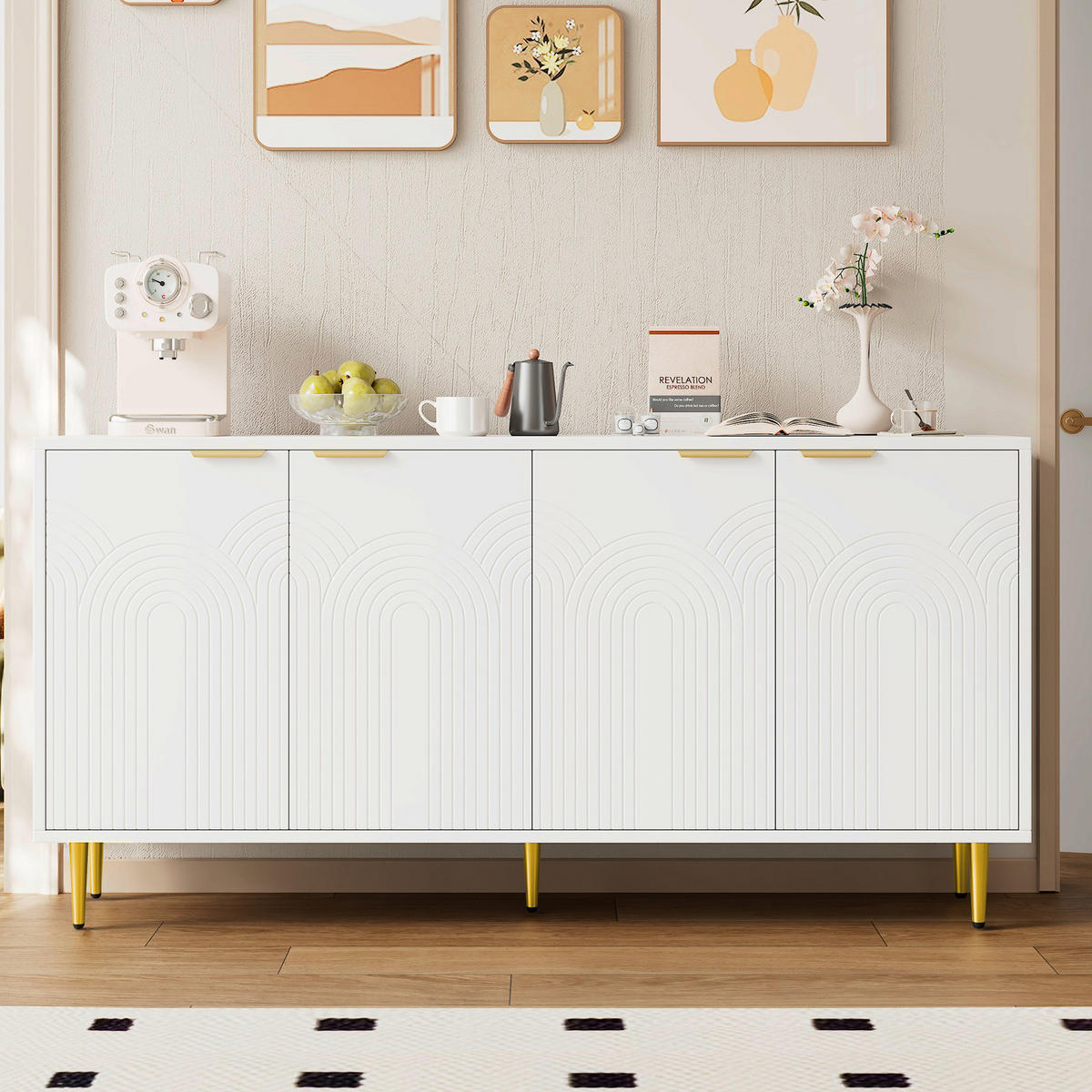 SIDEBOARD 160/40/80 cm mit 4 Türen in Weiß mit goldfarbenen Griffen - Weiß, Holzwerkstoff (160/80/40cm) - BEAOK