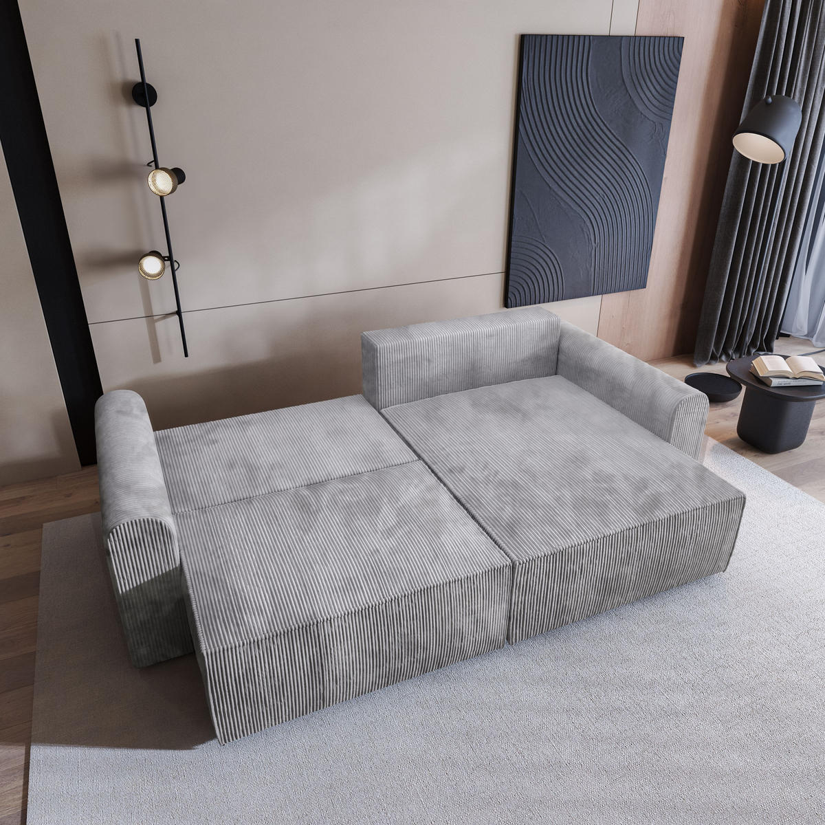 ECKSOFA FIANO P Hellgrau Kordstoff mit Schlaffunktion - Hellgrau, Holz (245/148cm) - MASSENO