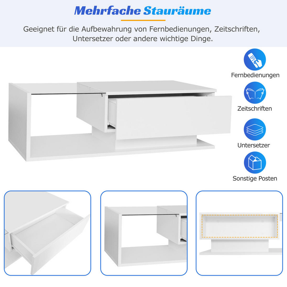 COUCHTISCH 100x50cm Hochglanzweiß Glasplatte Schublade LED-Beleuchtung - Weiß, Holz (100/50/32cm) - FLIEKS