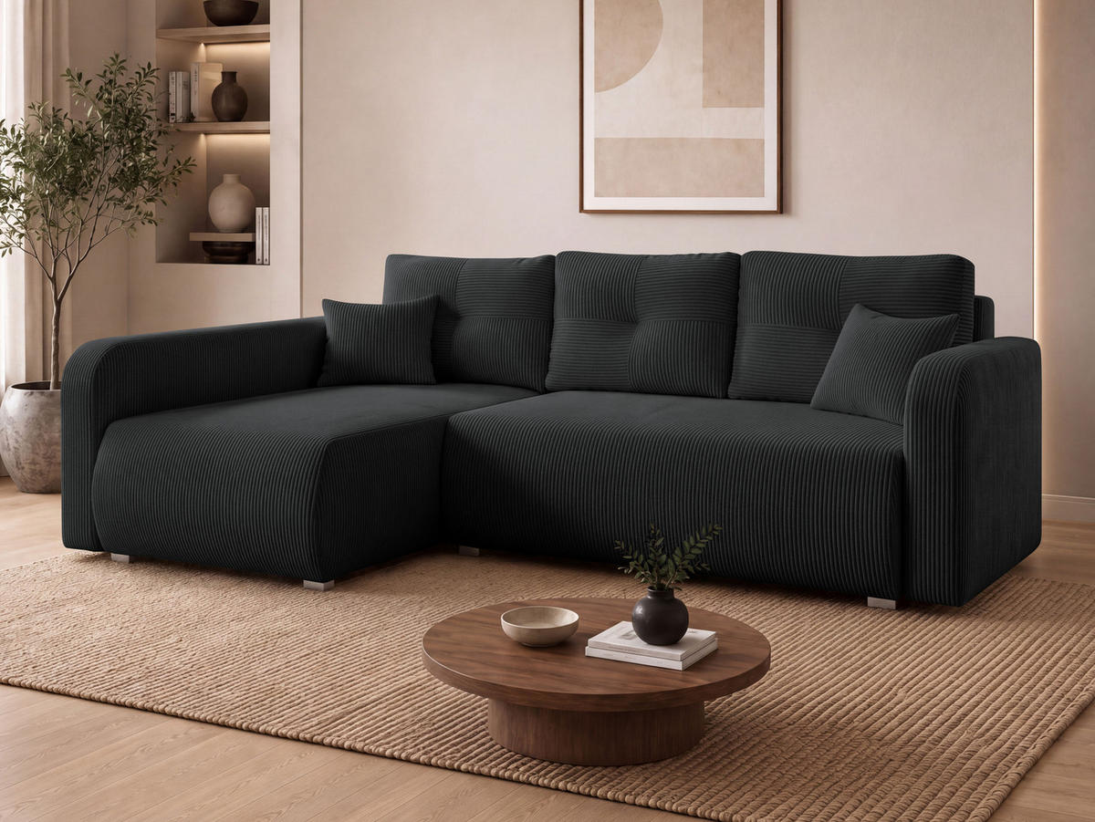 ECKSOFA Viena Cord, Seite: Links - Silberfarben/Schwarz, Holz/Kunststoff (234/145cm) - MIRJAN24