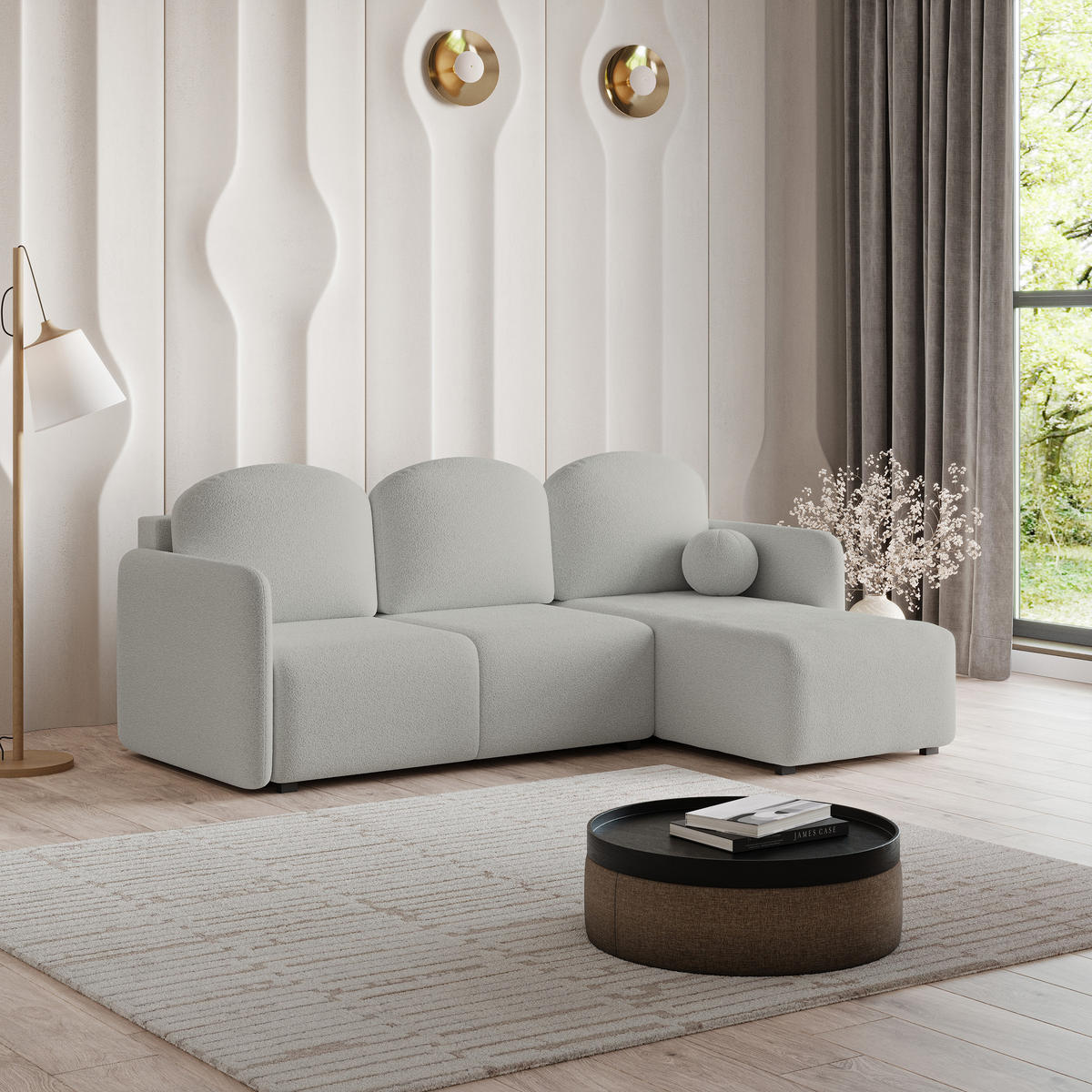 ECKSOFA SUVINO Hellgrau Boucle-Stoff mit Schlaffunktion - Hellgrau, Holz (230/143cm) - MASSENO