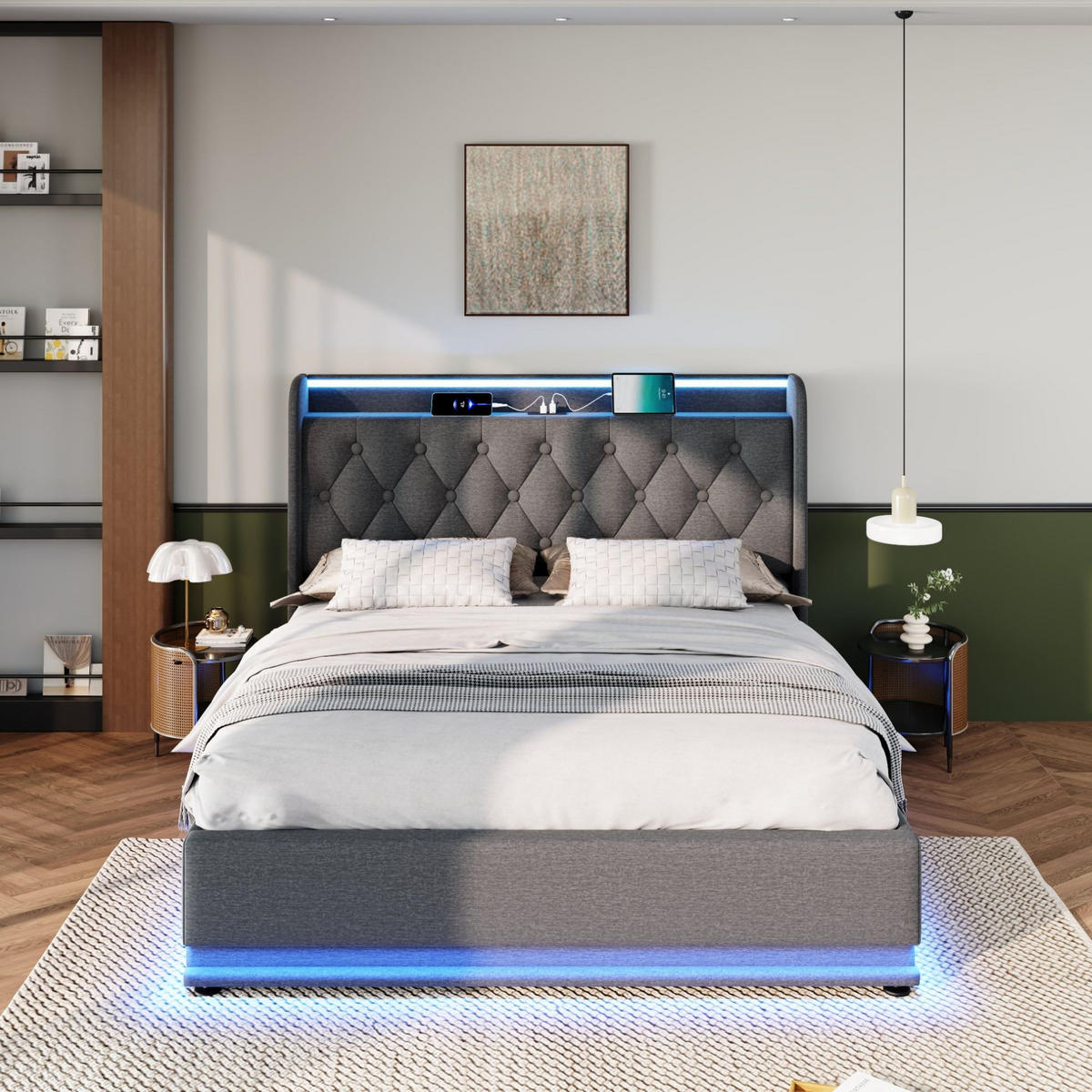 POLSTERBETT 140/190 cm mit 360°-LED, USB-C, hydraulischem Bettkasten und Leinenbezug, Grau - Grau, Textil (140/190cm) - Redom