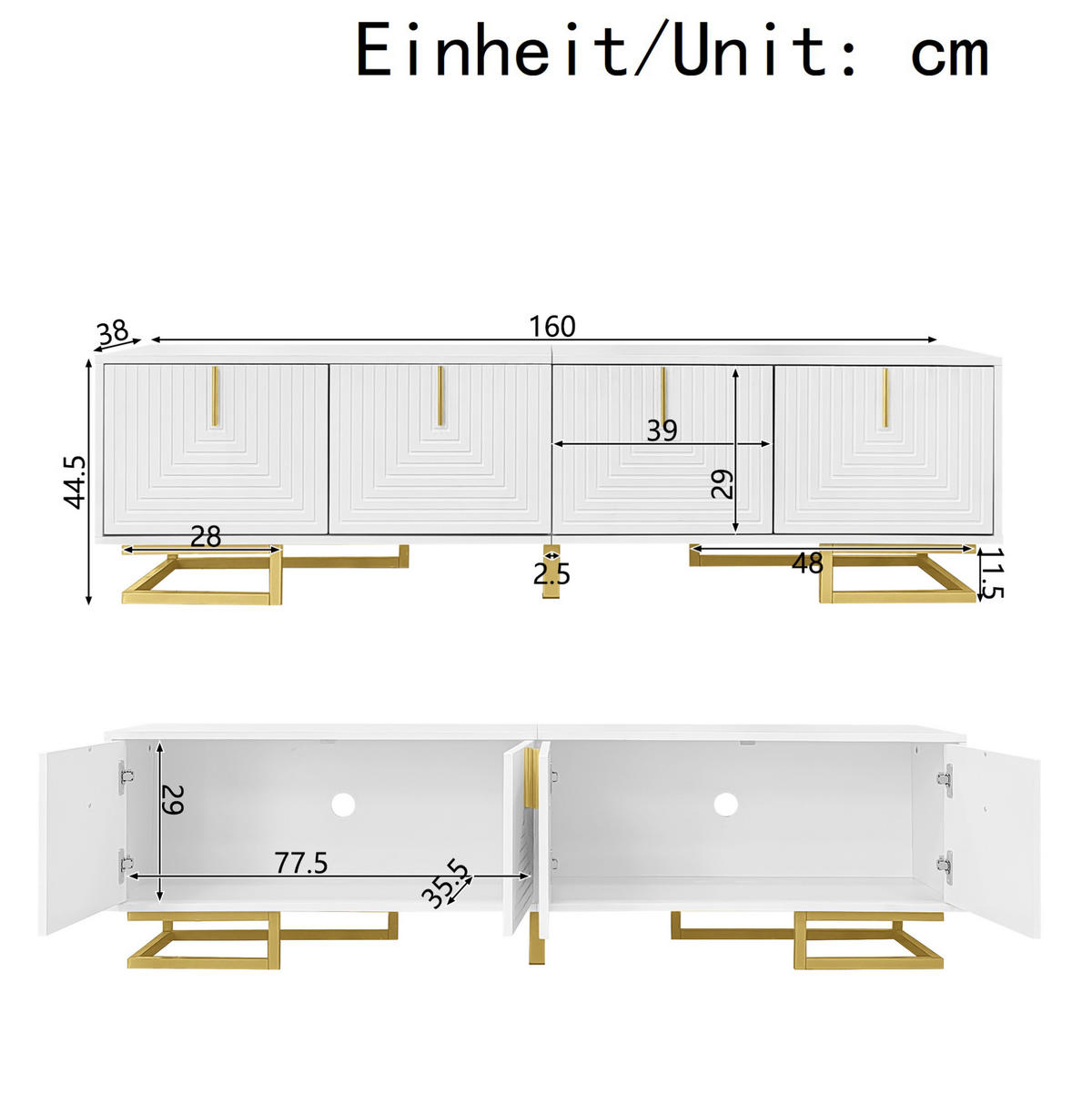 TV-LOWBOARD aus Spanplatte 160x38x44,5 cm Weiß mit 4 Türen, goldfarbenen Griffen und verstellbaren Metallbeinen - Weiß, Holzwerkstoff (160/44.5/38cm) - Modfu