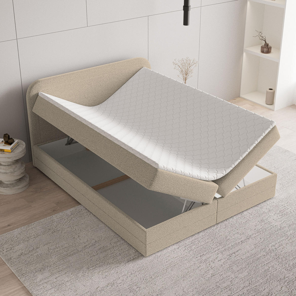 BOXBETT ARMEL 140x200 cm mit Matratze und Topper - Beige - Beige, Holz (140/200cm) - MASSENO