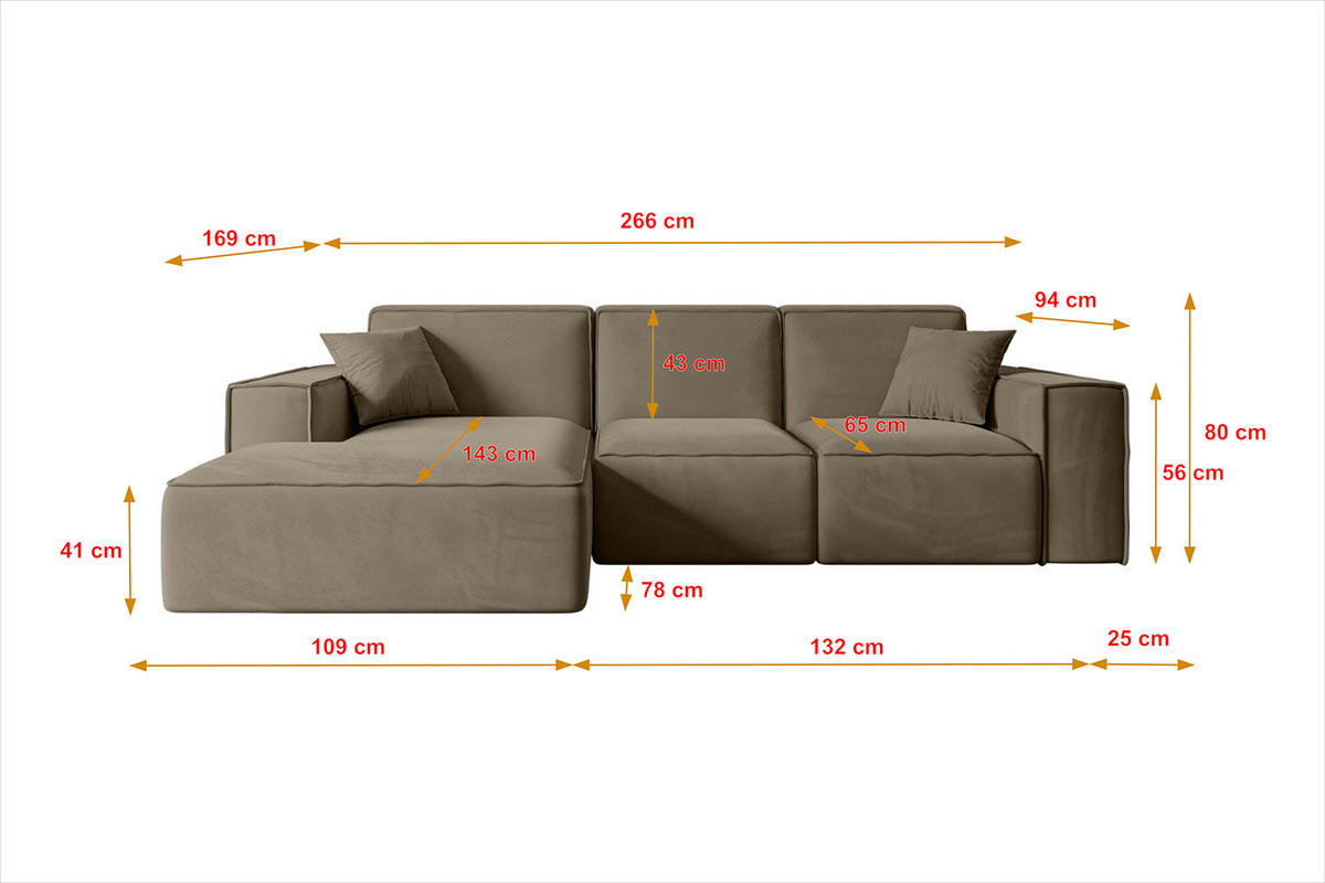 ECKSOFA Ottomane Rechts SERRA-L - 266x169x80 cm Rosa Cord - Schwarz/Rosa, Holzwerkstoff/Kunststoff (266/169cm) - ALTDECOR