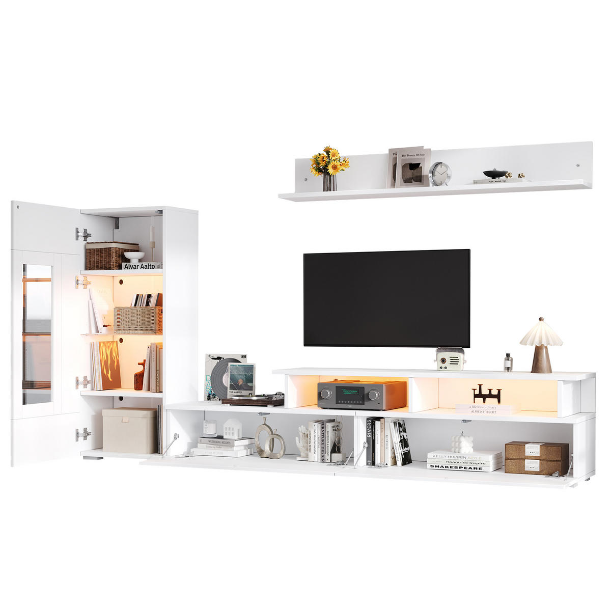 WOHNWAND DE-40403 3-teilig mit LED und Hochglanz Weiß - Weiß, Holzwerkstoff (170/45/35cm) - ComfortXL
