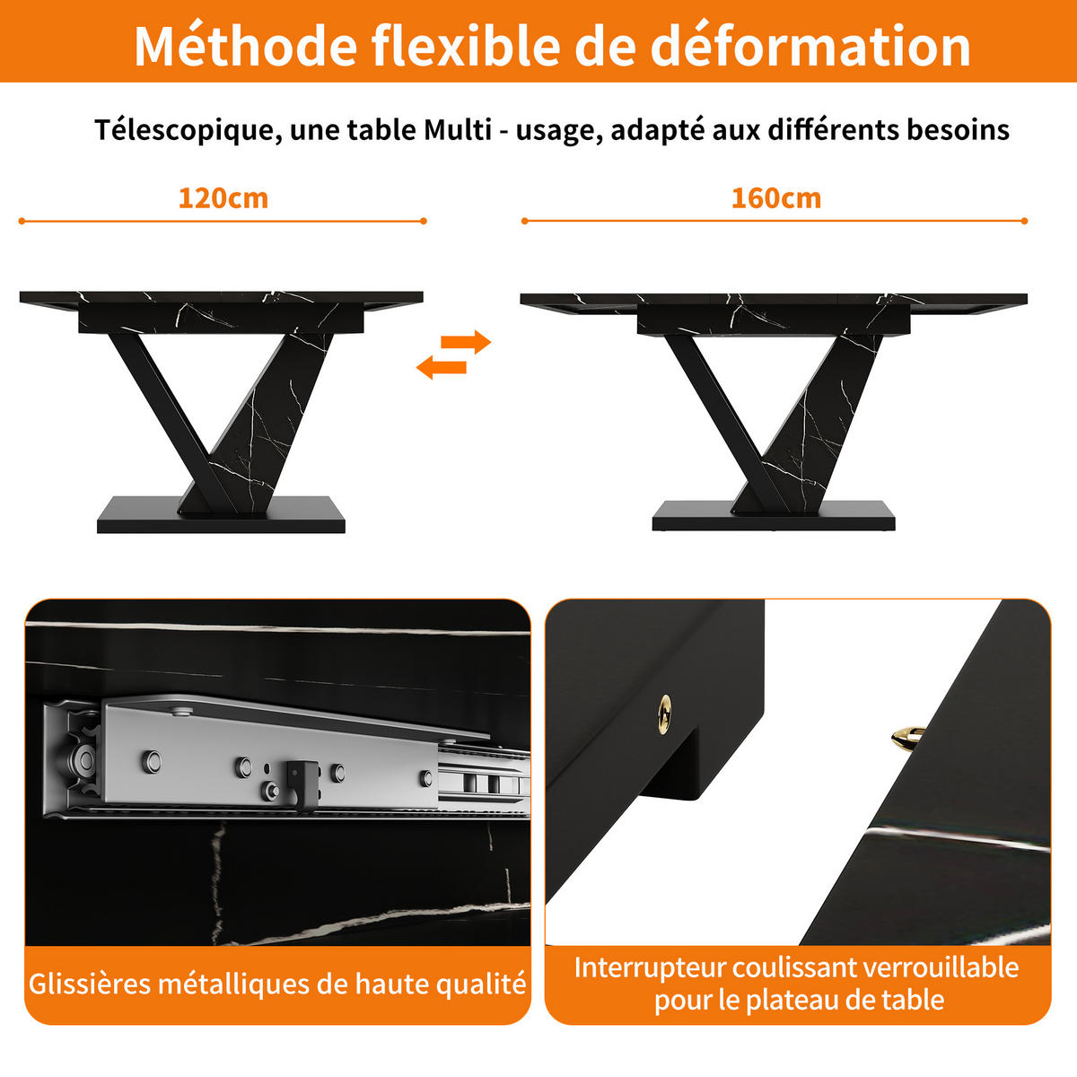 ESSTISCH Ausziehbar 120-160cm Marmor Schwarz - Schwarz, Metall (75/120/75.5cm) - FLIEKS