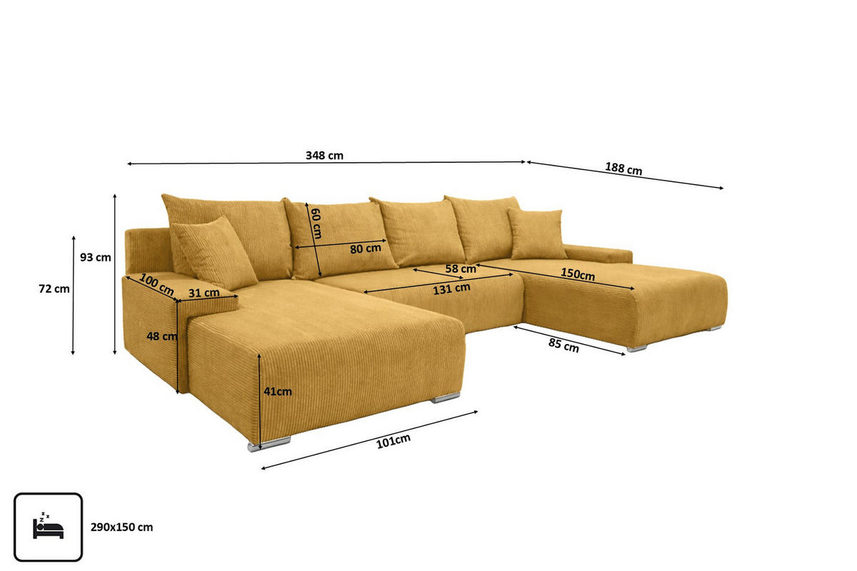 ECKSOFA U-Form Livorno Schlaffunktion Cord-Stoff Gelb - Chromfarben/Gelb, Holz/Kunststoff (348/93/188cm) - Kaiser Möbel