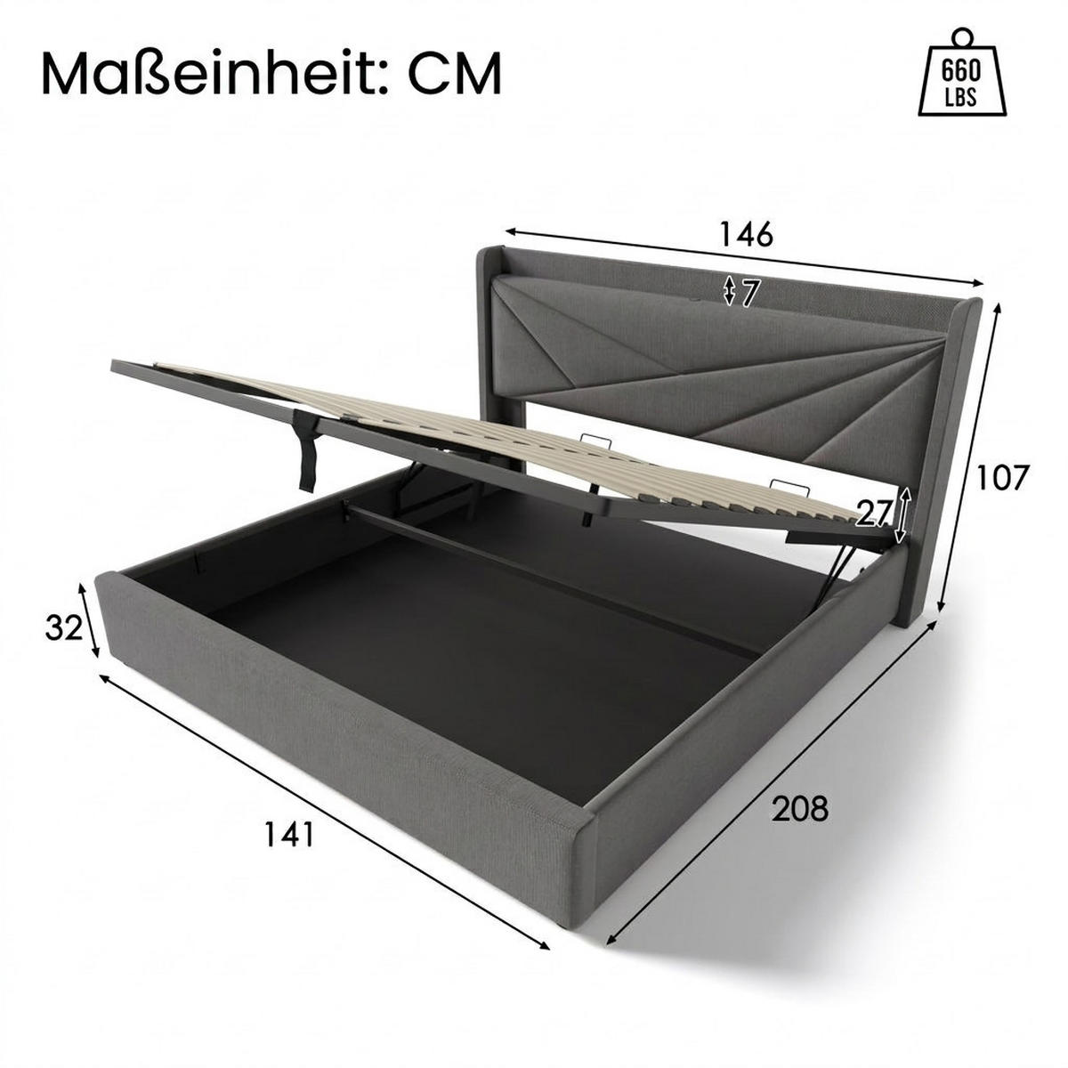 POLSTERBETT 140/200 cm Grau mit USB Typ C Ladefunktion und Stauraumbetten (Ohne Matratze) - Grau, Textil (140/200cm) - Oxeza