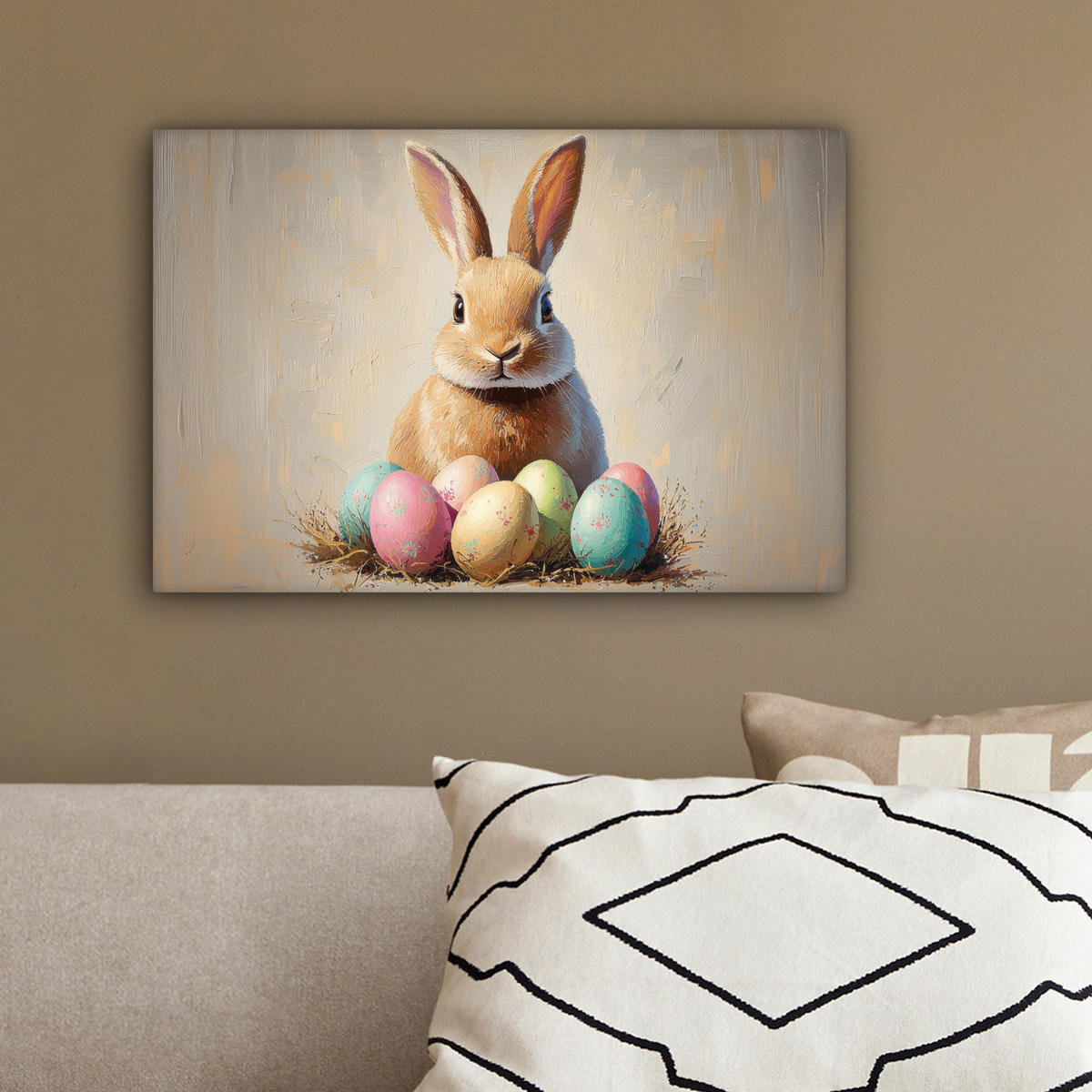LEINWANDBILD Osterhase - Pastell - Eier Deko Schlafzimmer 30x20 cm - Beige, Textil (30/20cm) - MuchoWow