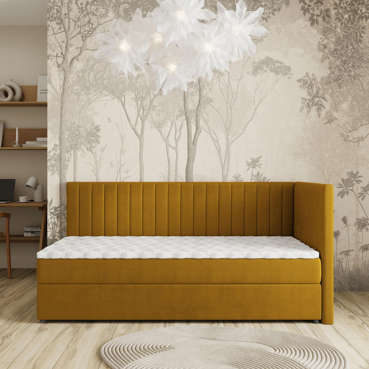 BOXBETT ARIS 100x200 cm mit Matratze und Topper, H2+H3 - Gelb - Gelb, Holz (100/200cm) - MASSENO