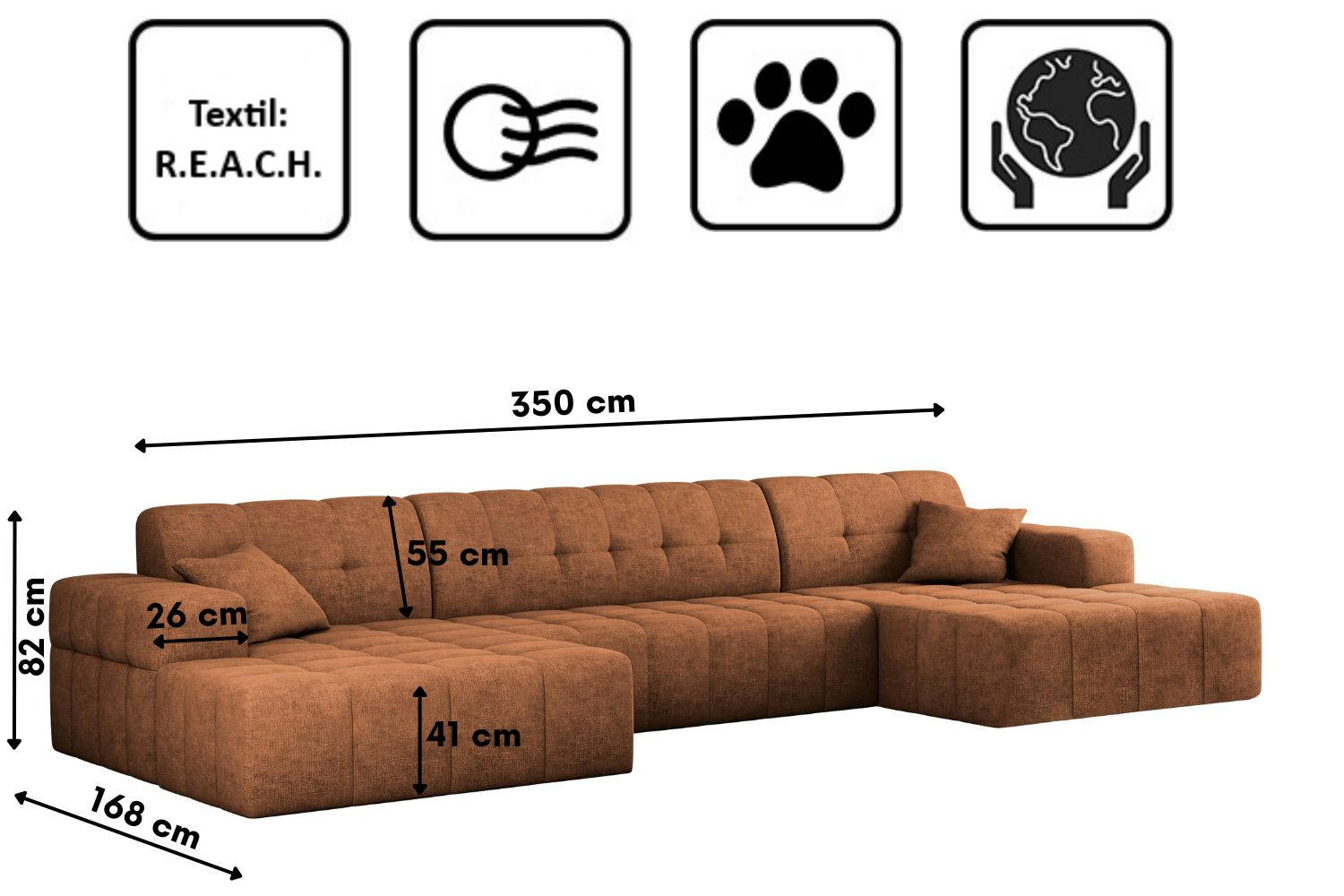 ECKSOFA U-form NIMES Stoff Perfect Harmony Kupfer - Kupferfarben, Holz/Kunststoff (168/350cm) - Kaiser Möbel
