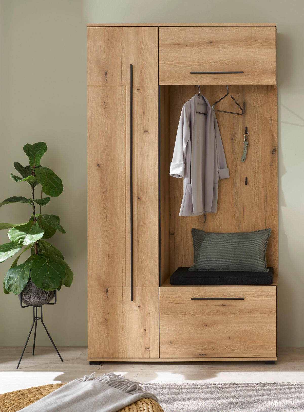 KOMPKATGARDEROBE Evoke Eiche 111 x 200 cm, Garderobe mit Soft-Close - Eichefarben/Schwarz, Holzwerkstoff/Kunststoff (111/200/37cm) - Furn.Design