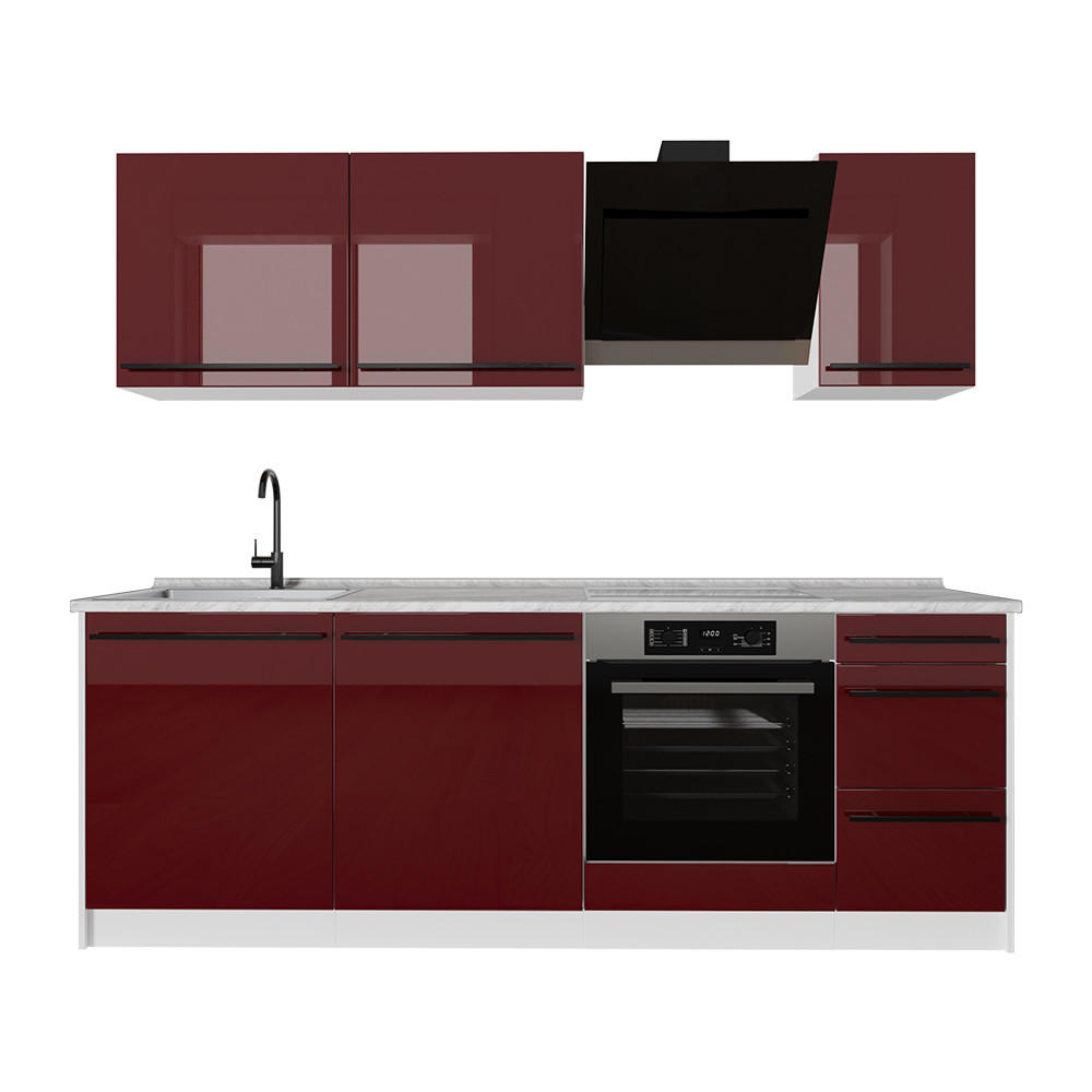 KÜCHENZEILE R-Line, Rot Hochglanz/Weiß, 220 cm ohne Arbeitsplatte - Rot/Weiß, Holzwerkstoff (220/81.6/46cm) - Vicco