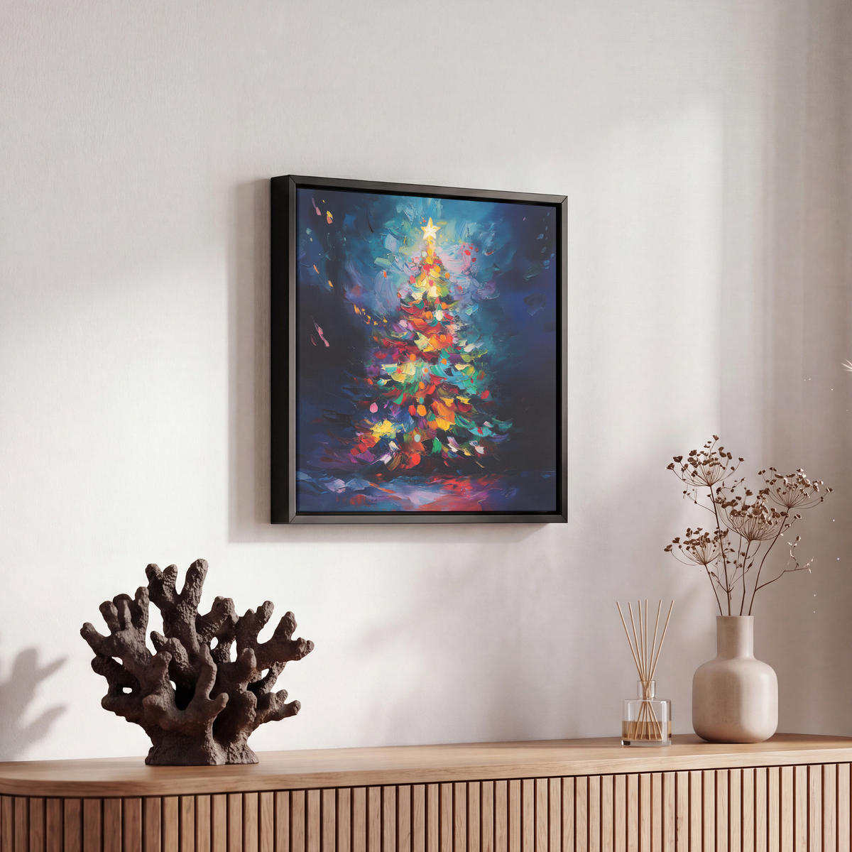 LEINWAND Bilder mit Rahmen - Weihnachtsbaum - Weihnachten - Abstrakt - Farbenfroh - 20x20 - Multicolor, Textil (20/20cm) - MuchoWow