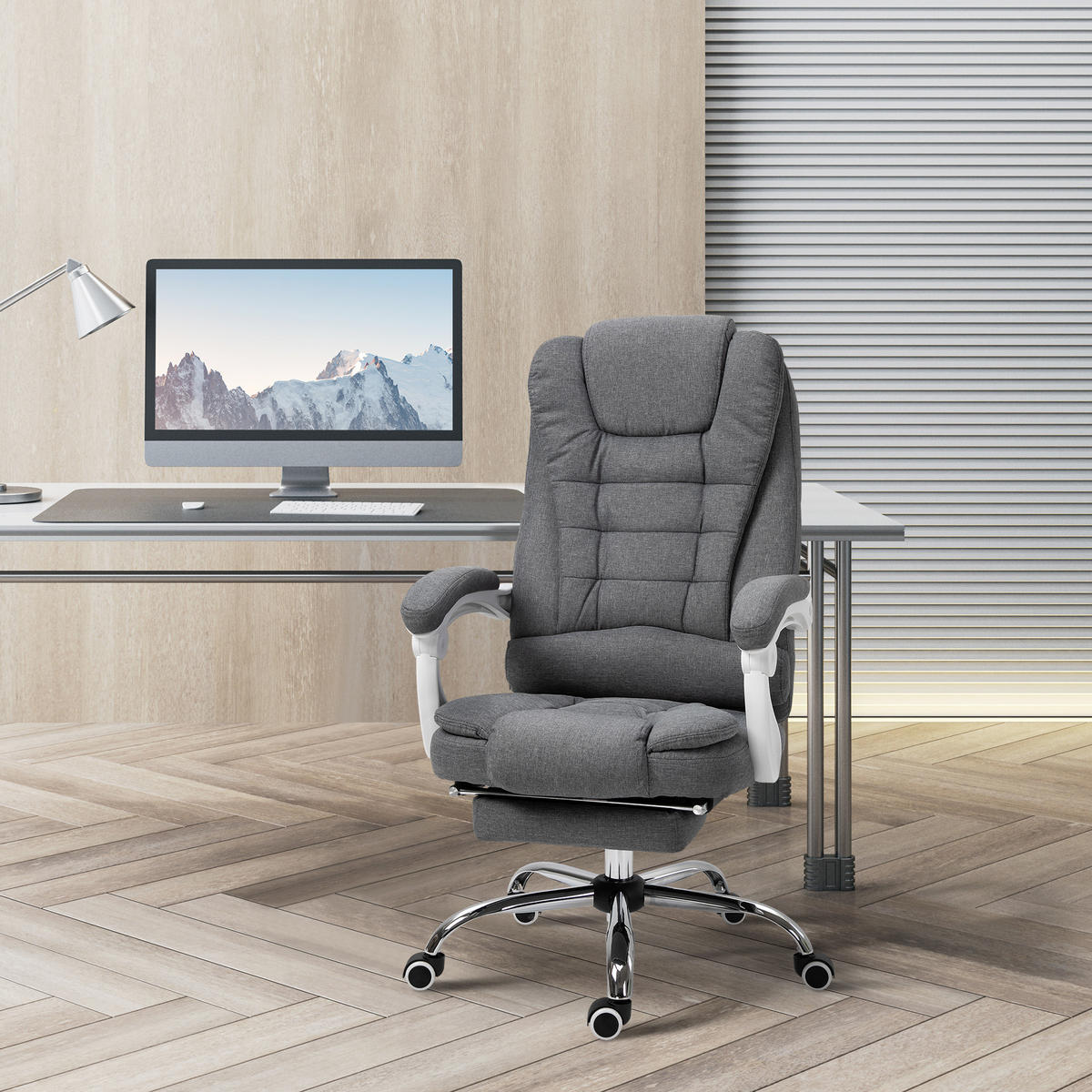 BÜROSTUHL höhenverstellbarer Schreibtischstuhl mit Fußstütze, Leinenoptik Grau - Grau, Metall (70/118/65cm) - Vinsetto