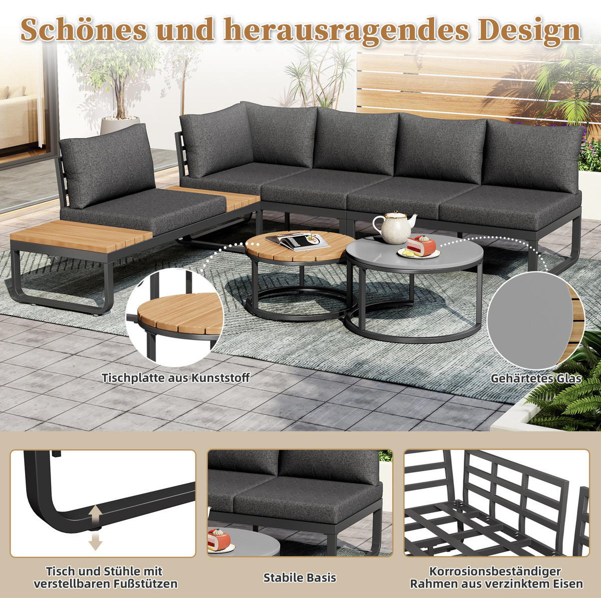 LOUNGEGARNITUR Grau aus Eisen mit verstellbaren Füßen 5er Set - Grau, Metall - OKMYHOME