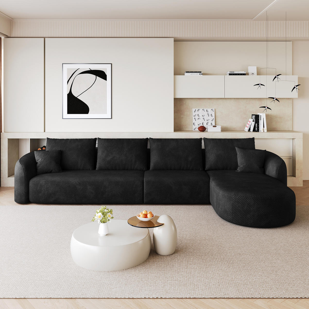 ECKSOFA 336/168/85 cm Schwarz Chenille mit Chaiselongue, Rechte Seite - Schwarz, Textil (336/168cm) - Oxeza